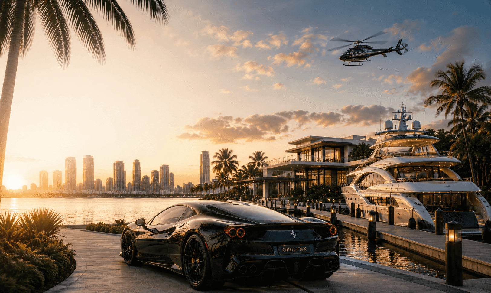 Luxury yacht and premium sports car at golden hour on the South Florida waterfront