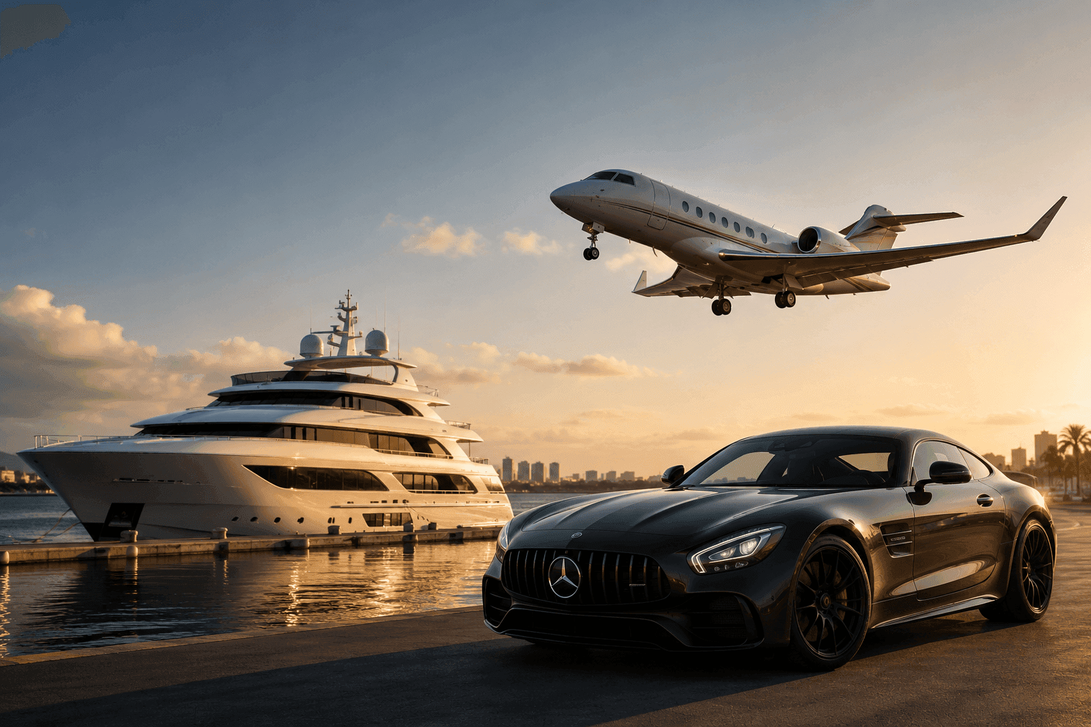Luxury mobility scene with premium vehicles and waterfront skyline at sunset