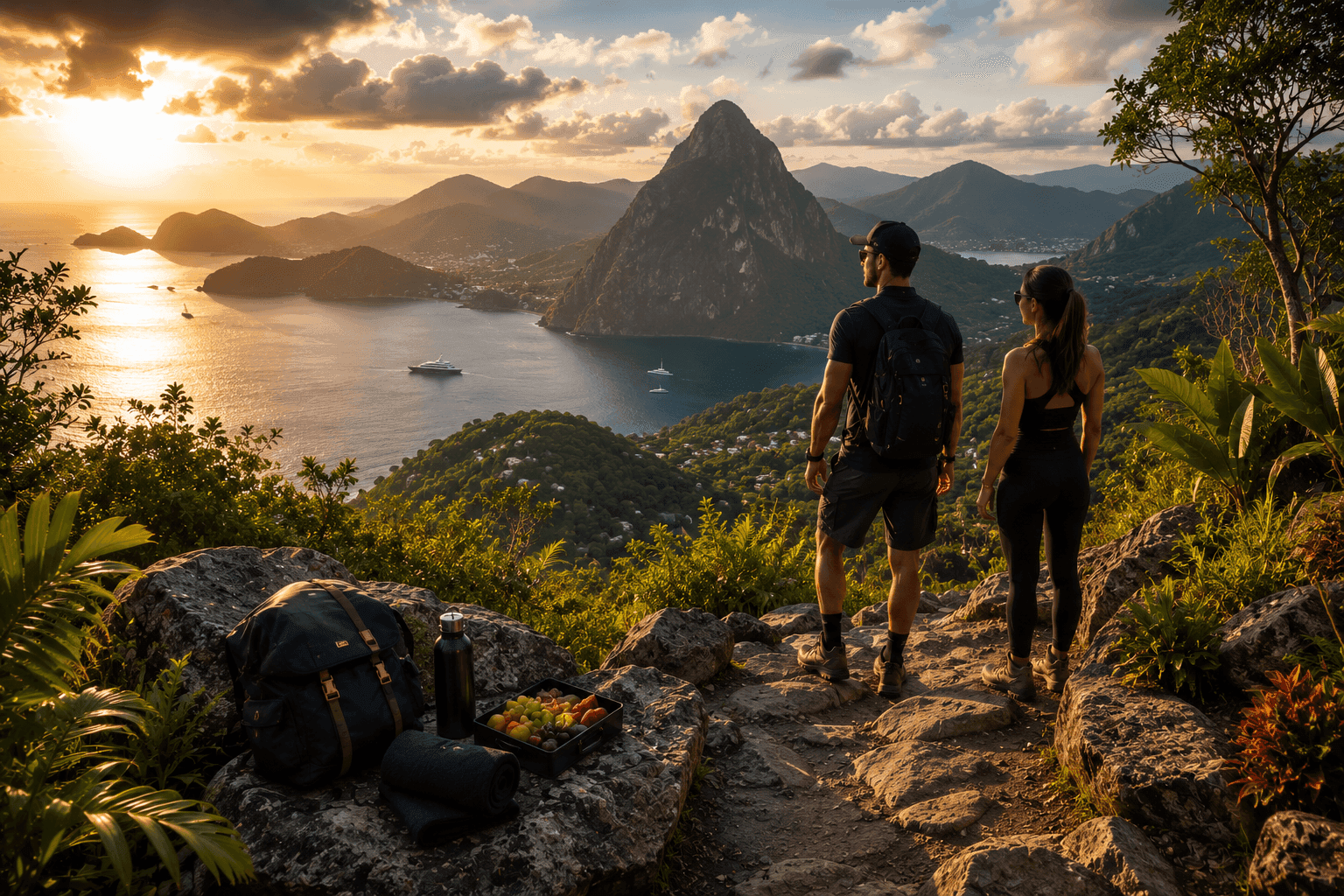 Couple overlooking a coastal mountain vista at golden hour