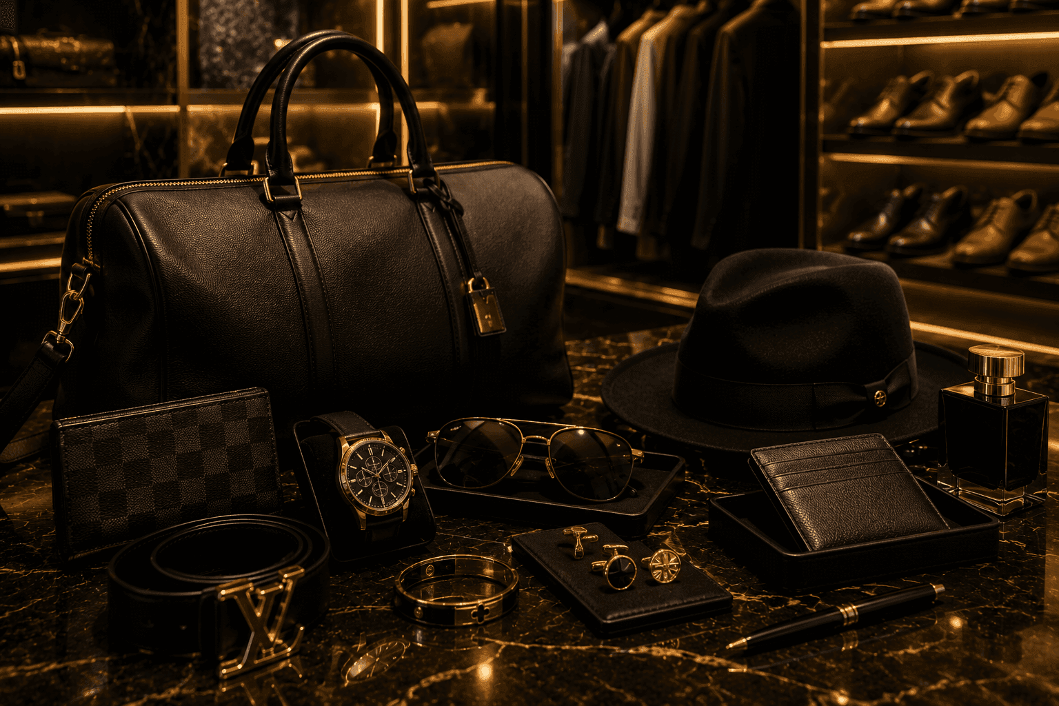 Luxury watch, premium headphones, and designer accessories