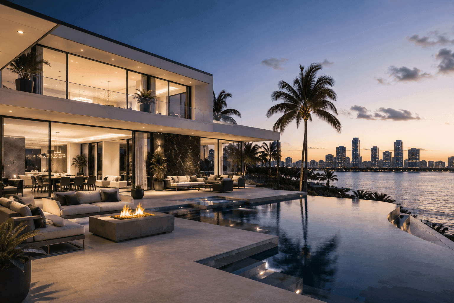 Ultra-modern luxury waterfront home with infinity pool at twilight