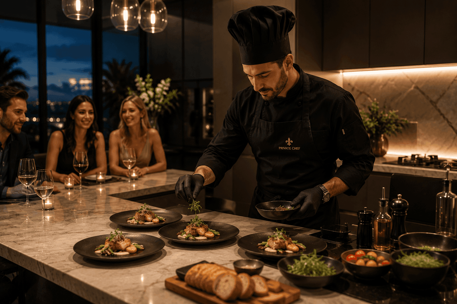 Private chef preparing a gourmet meal for guests